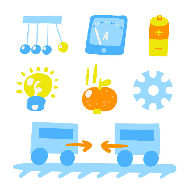 Cute science theme composition, postcard Cute science theme composition, icons with funny hand drawn doodle atom, bulb, gravitation apple, electric tool, mechanics, pendulum, ammeter, battery. School, science, education objects set lab ammeter stock illustrations