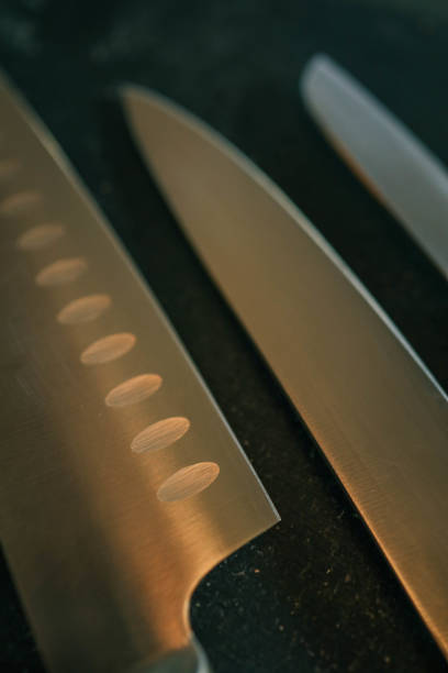 istock Casting steel various chef knife, Set of modern sharp kitchen knives on dark background 2181380949