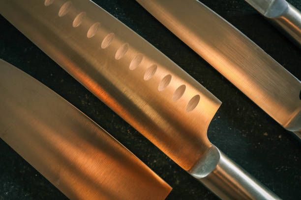 Casting steel various chef knife, Set of modern sharp kitchen knives on dark background
