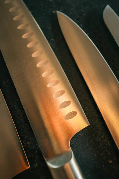 istock Casting steel various chef knife, Set of modern sharp kitchen knives on dark background 2181380966