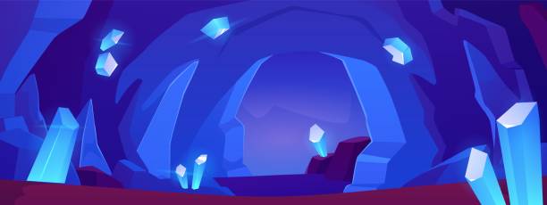 istock Dark cave with stalagmite, blue gem crystals in rocks, magic glowing exit or entrance hole tunnel, vector game landscape 2181385459