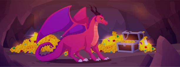Ancient stone cave with treasure chest and dragon. Cartoon vector underground fairy tale game landscape with rocks tunnel hole. Fantasy mine with fabulous creature and golden gemstones