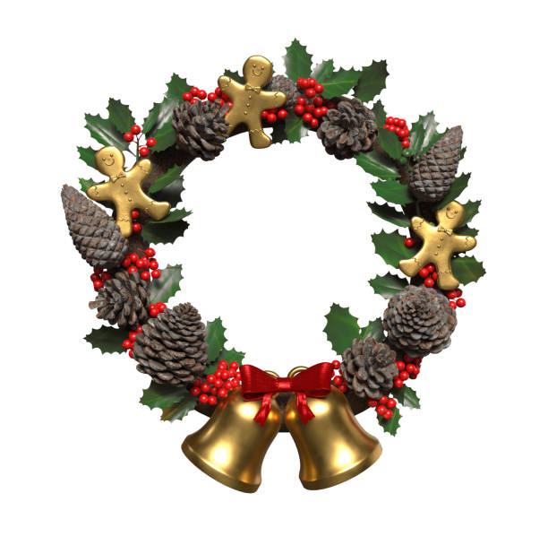 istock Christmas wreath with pine tree branches, red berries and ginger cookies on white background. 2181389141