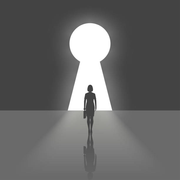 istock Businesswoman silhouette in suit standing in front of keyhole. Vector. 2181389399