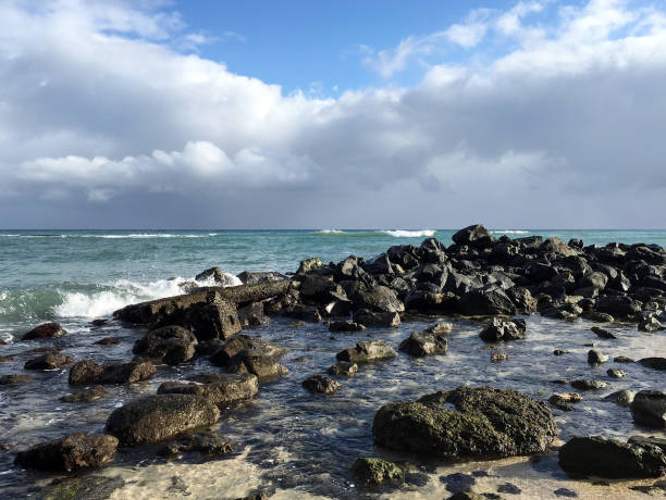 A stunning view of a Hawaiian shoreline featuring rugged black rocks juxtaposed against the gentle waves of an aqua blue ocean. In the background, expansive cloudy and blue skies stretch overhead, creating a serene and dynamic atmosphere. This image captures the breathtaking beauty of Hawaii's coast, highlighting the contrast between the dark rocks and the vibrant ocean colors, perfect for evoking a sense of tranquility and the allure of tropical landscapes.