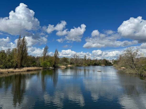 istock Serene lake with trees and a bright blue sky. 2181395445