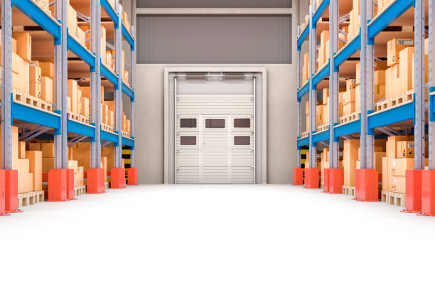 Warehouse with pallet racks full of cardboard boxes and parcels, 3D rendering