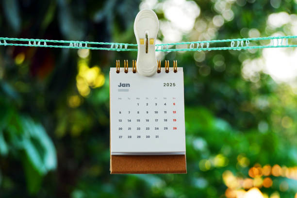 January 2025 desk calendar on a hanger with leaf bokeh background