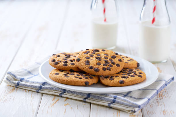 Handmade chocolate chip cookies. Top view table..