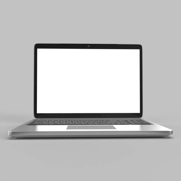 istock Modern silver laptop showing blank screen on gray background 2181410813