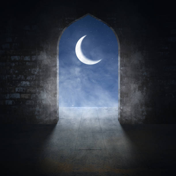 istock Archway of mosque door with shining crescent moon light through it 2181425307