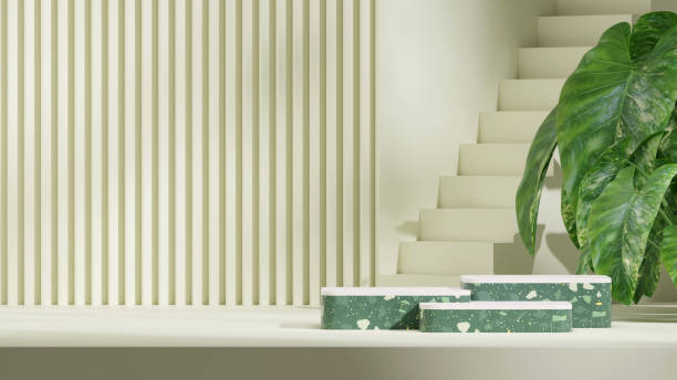 terrazzo texture curved block podium in landscape stairs and wall, 3d render image mockup scene