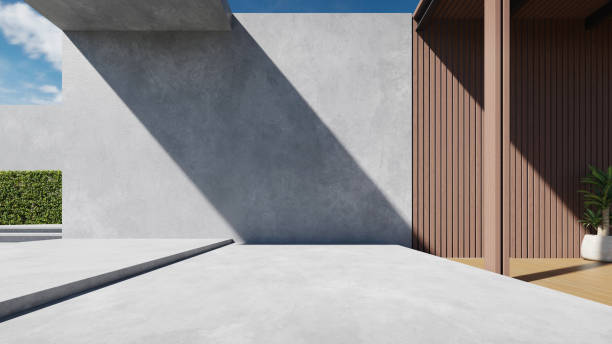 istock 3d rendering of modern building entrance with large white wall. Minimal architecture 2181446915