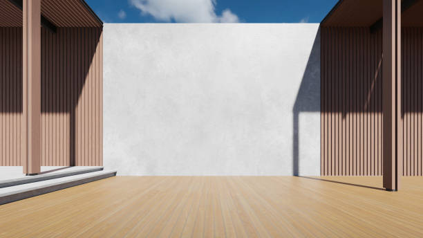 istock 3d rendering of modern building entrance with large white wall. Minimal architecture 2181446916