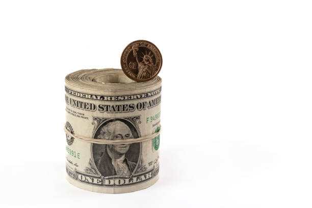 istock 1 US dollar coin and rolled up stack of 1 US dollar bills 2181448393