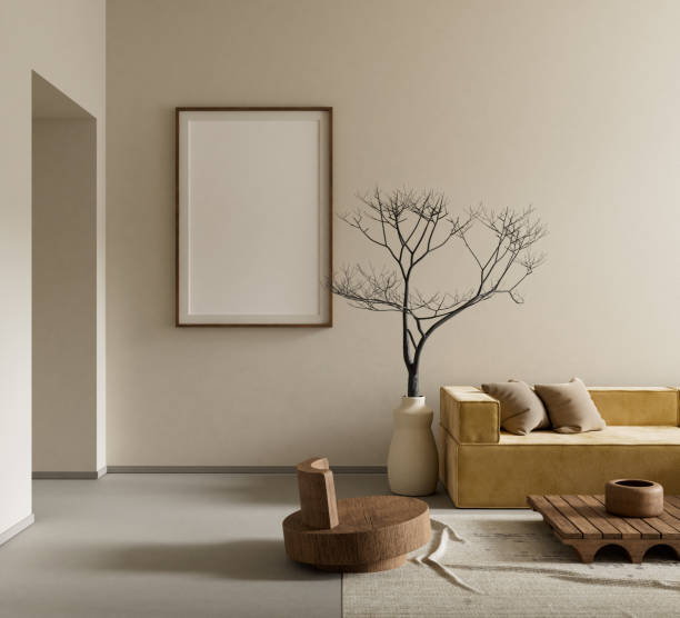 istock Mock up poster frame in boho style decorated livinig room. Modern, authentic Interior design of living room with wooden furnitures. 3D illustration 2181450318