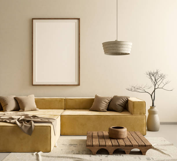 istock Mock up poster frame in boho style decorated livinig room. Modern, authentic Interior design of living room with wooden furnitures. 3D illustration 2181450345