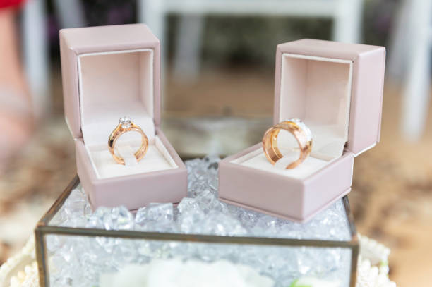 istock Wedding ring set in a pink ring box on a white background. 2181455480