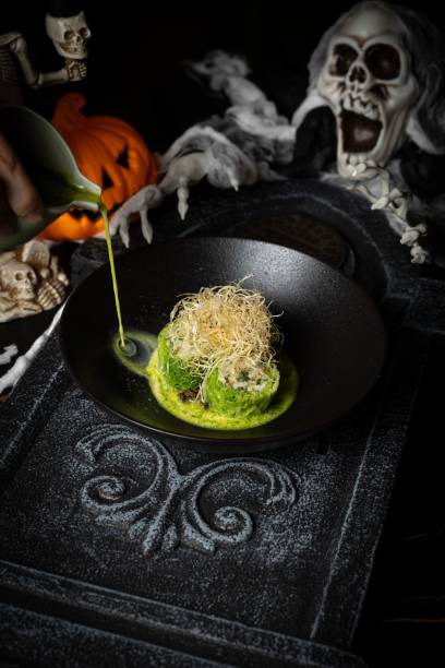Halloween-themed dish with spooky decor.