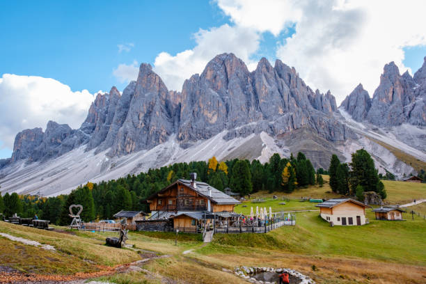istock Majestic Dolomites landscape with rustic chalets under dramatic skies in Italy 2181458435