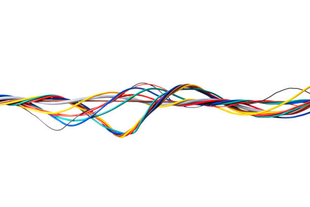 Twisted bundle of colorful electrical wires isolated on white