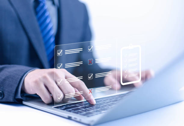 istock Businessman using laptop Concept of business performance tracking and evaluationSurvey Check Business Work Computer Document Answer Form Online 2181459566