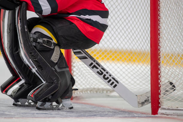 istock Ice hockey goalkeeper near goal post 2181463928