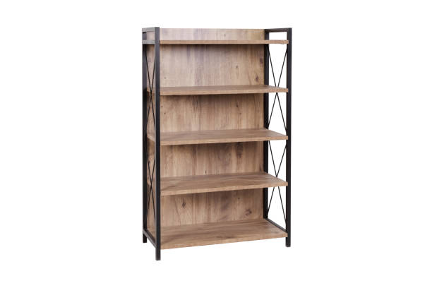 istock Rustic Wood Bookshelf with Open Shelves and Metal Frame, Industrial-Style Storage Unit for Home or Office 2181470323