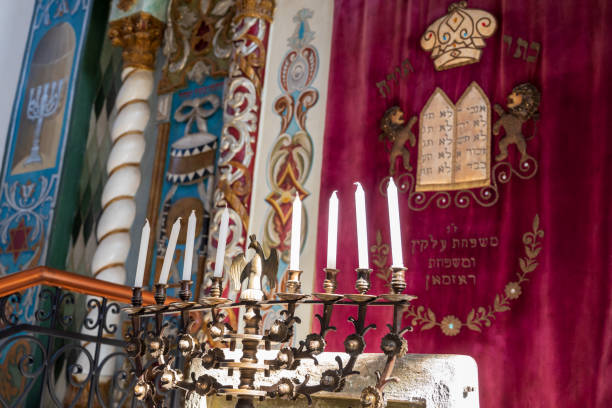 Wlodawa, Poland, September 21 2024 Torah arc also known as hekhal or aron qodesh and temple menorah in the Great Synagogue