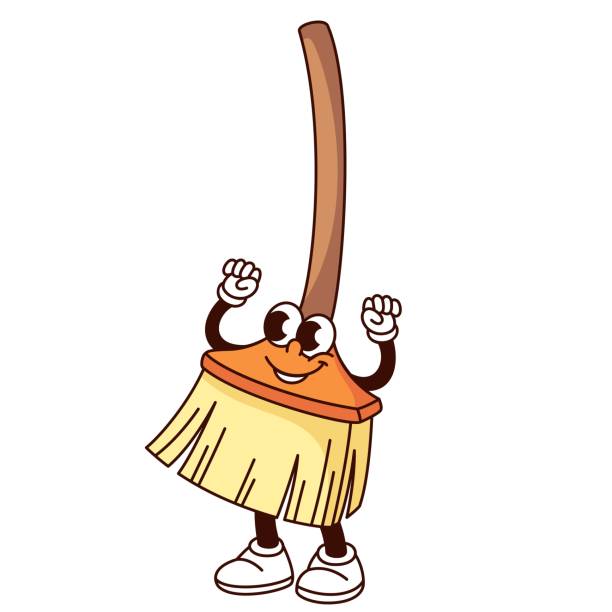Groovy garden broom cartoon character with fists up. Funny retro besom with long handle, gesture of strength and victory. Garden tool mascot, cartoon broom sticker of 70s 80s style vector illustration