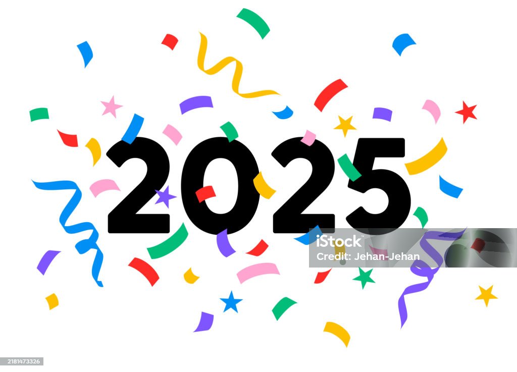 2025 номер з різнокольоровими змієподібними стрічками та зірками - Роялті-фрі Конфеті стокове векторне зображення 2025 номер з різнокольоровими змієподібними стрічками та зірками - Роялті-фрі Конфеті стокове векторне зображення