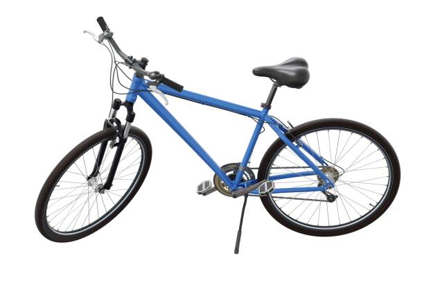 istock Blue bicycle standing on kickstand, side view isolated on white background 2181474733