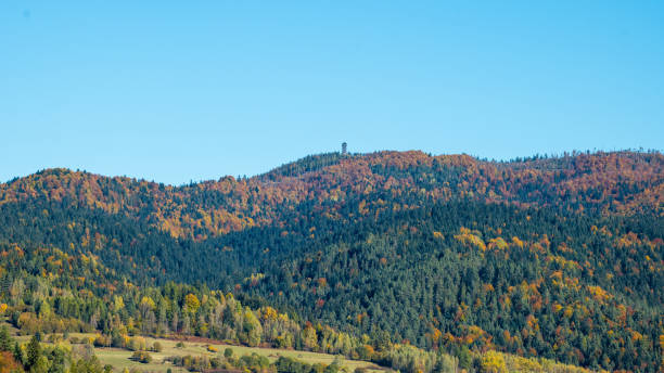 Gorce mountain range. Mountains in autumn. Wooden observation tower on Mount Luba. Poland