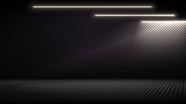 istock Studio interior with carbon fiber texture. Modern carbon fiber textured pink purple black interior with light. Dark background for mounting, product placement. Vector mockup, background, template 2181482326