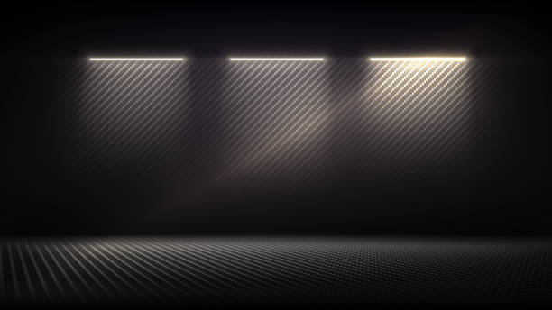 istock Studio interior with carbon fiber texture. Modern carbon fiber textured pink purple black interior with light. Dark background for mounting, product placement. Vector mockup, background, template 2181482372