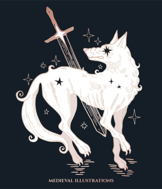 medieval style fantasy illustration, cosmic wolf with sword, tattoo design medieval style fantasy illustration, cosmic wolf with sword, tattoo design, luxury colors wolf and lamb stock illustrations