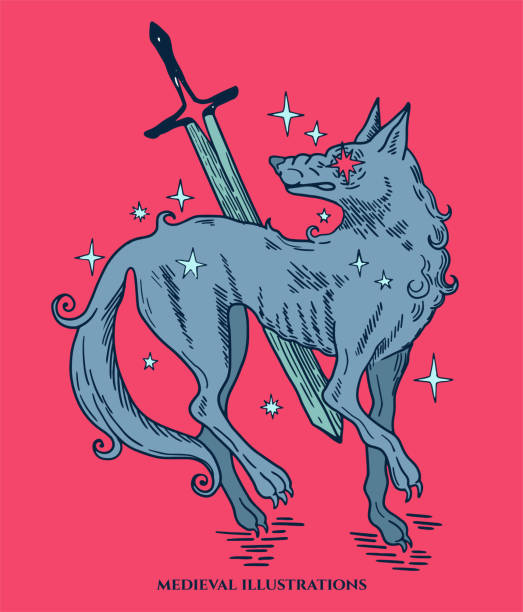fantasy illustration, wolf with sword medieval style fantasy illustration, cosmic wolf with sword, tattoo design wolf and lamb stock illustrations