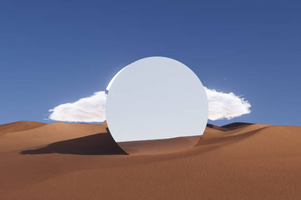 istock A large white circle is reflected in the sky above a desert landscape 2181486920