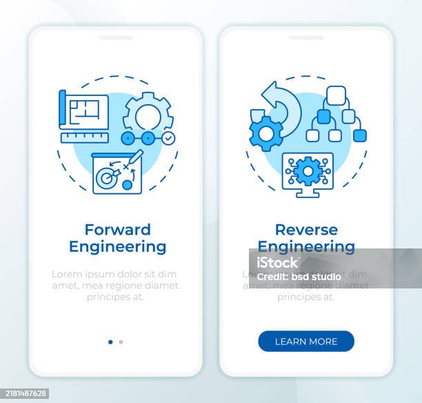 Forward Vs Reverse Engineering Blue Onboarding Mobile App Screen Stock ...
