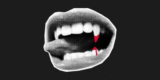 istock Open mouth with vampire fangs and drops of blood. Creepy Halloween, retro collage 2181488622