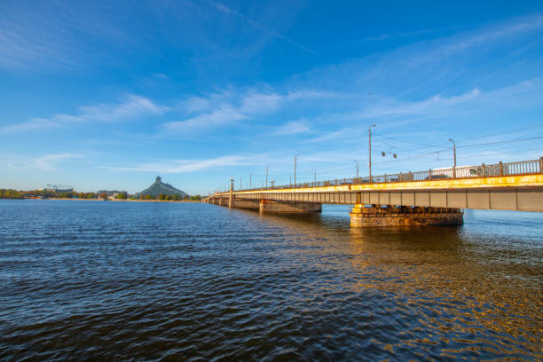 View of the railway bridge at sunrise in Riga, Latvia
