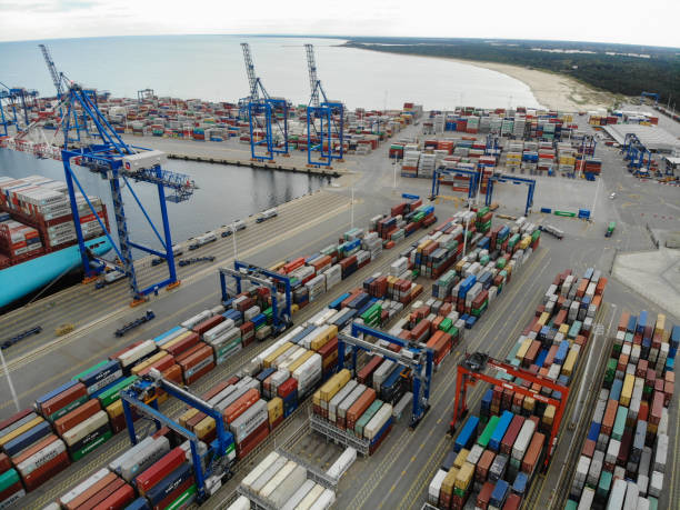istock Cargo container ship port harbor aerial view Gdansk, Poland 2181501684
