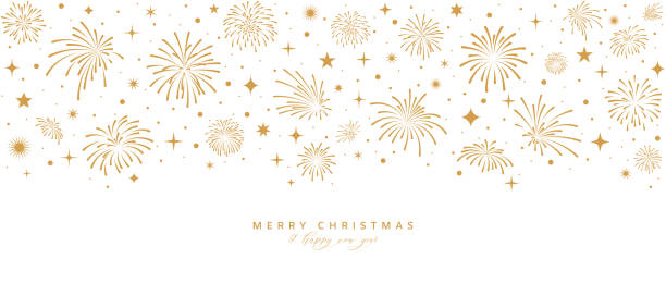ilustraciones, imágenes clip art, dibujos animados e iconos de stock de tarjeta de navidad, fondo de fuegos artificiales dorados de año nuevo - fuegos artificiales