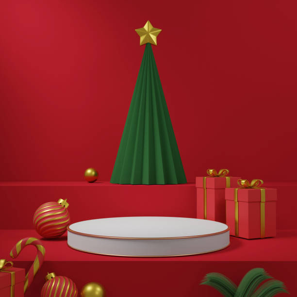 istock 3D rendered illustration of a display stand inside a brightly lit room for a Christmas banner decorated with a tree and gift boxes with shiny gold patterned balls on a dark red background. 2181506054