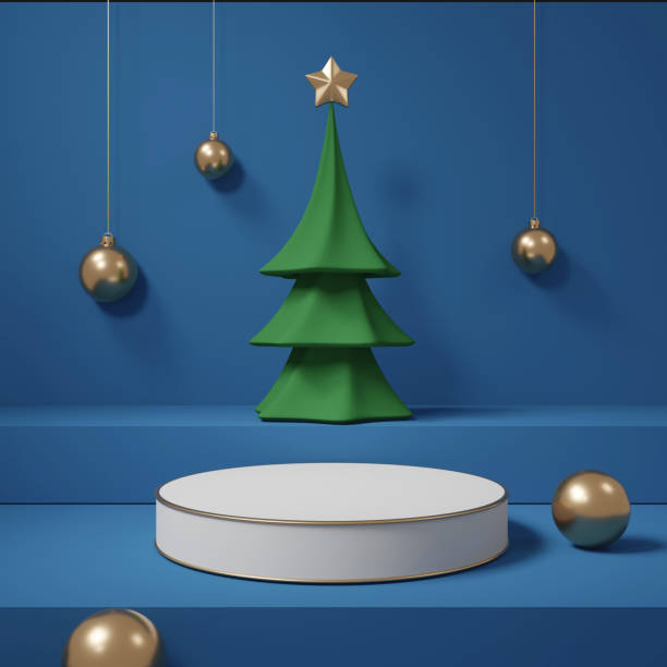 istock 3D rendered illustration of a display stand for a Christmas banner that emphasizes a simple yet striking decoration of a tree with stars and glittering gold balls against a pleasing blue backdrop. 2181506060