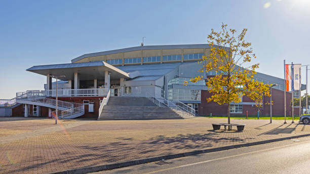 Slavonski Brod, Croatia - October 22, 2024: Large Multi Sports Hall Vijus Building at Stanka Vraza Street Sunny Autumn Day.