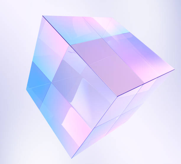 istock 3d crystal light holographic glass cube render icon. Abstract geometric block shape with hologram gradient texture on purple background. Flying square box, digital design tech banner 2181528791