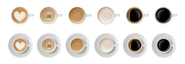 istock Coffee cup with foam and heart, top view. Vector espresso or latte macchiato hot drinks with foam and cream in white mugs with saucers. Refreshing aromatic energy drinks, cafeteria menu design 2181529125