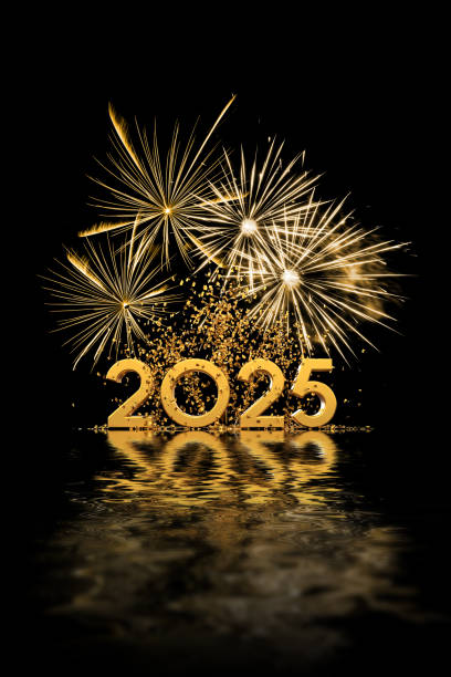 text 2025 with confetti and golden fireworks on black background