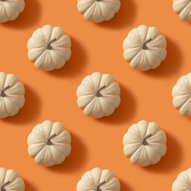istock Seamless pattern of autumn white pumpkin on orange. Thanksgiving Day. 2181537447